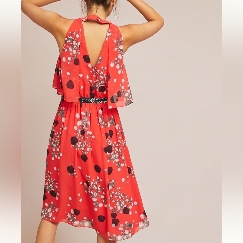 BRAND NEW Anthropologie Castania Red Polka Dot Floral Chiffon Midi Dress XL - Picture 2 of 6